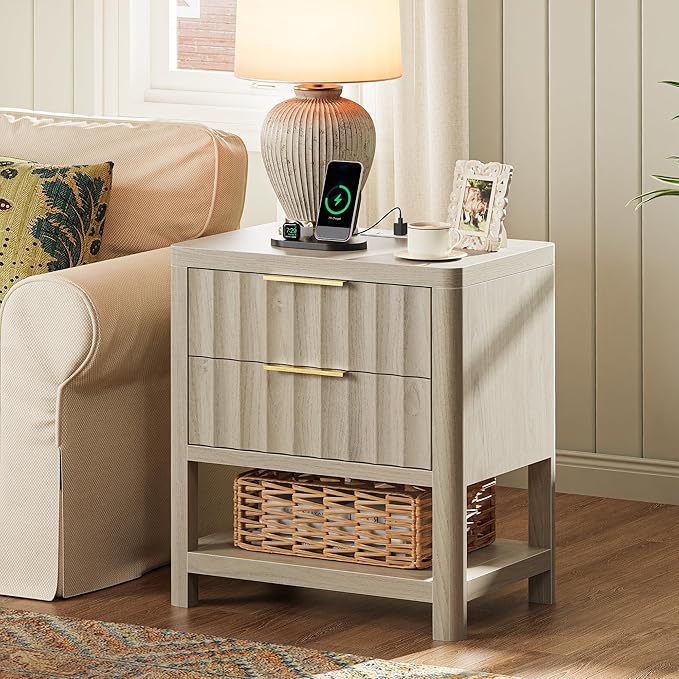Huuger 27.6 Inch Tall Night Stand with Charger Station, USB-C Port, Fluted Nightstand with 2 Deep Drawers, Larger Wider Bed Side Table with Open Shelf, Bedroom Living Room End Table, Grey