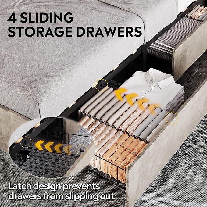 WLIVE Full Size Upholstered Bed Frame with 4 Storage Drawers and Headboard, Velvet Platform Bedframe, Sturdy Metal & Wooden Slats Support, No Box Spring Needed, Easy Assembly, Beige
