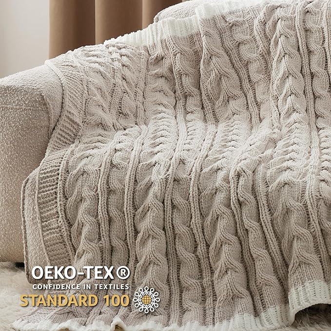 Bedsure Cable Knit Twin Blanket for Couch Bed - Breathable Chenille Chunky Knit Twin Blanket for Decorative Gift, GentleSoft Cozy and Warm for Winter and All Seasons, Beige, 60x80 Inches