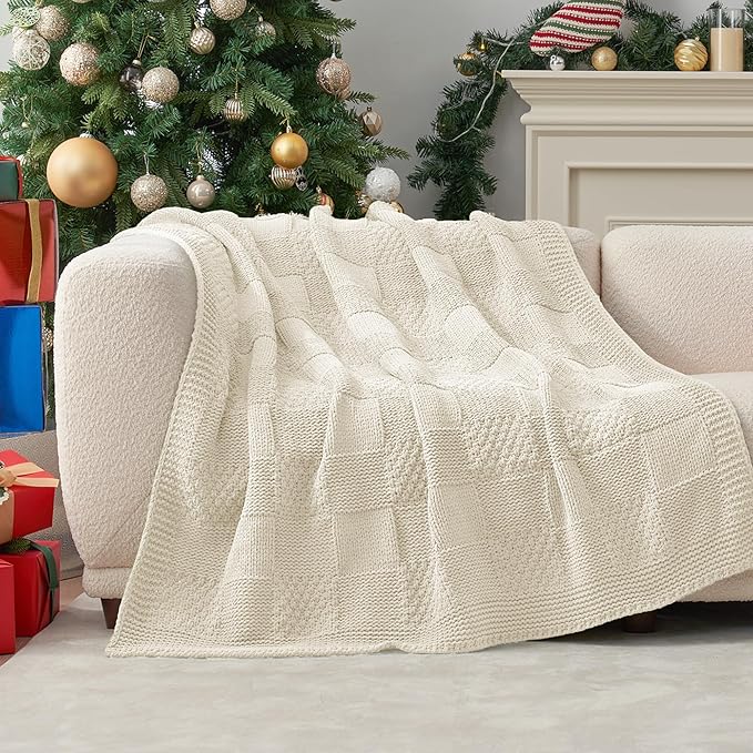 Amélie Home Checkered Chenille Knit Throw Blanket for Couch, Classic Texture Decorative Soft Blanket for Sofa, Chair & Bedroom, 50"x60", Ivory