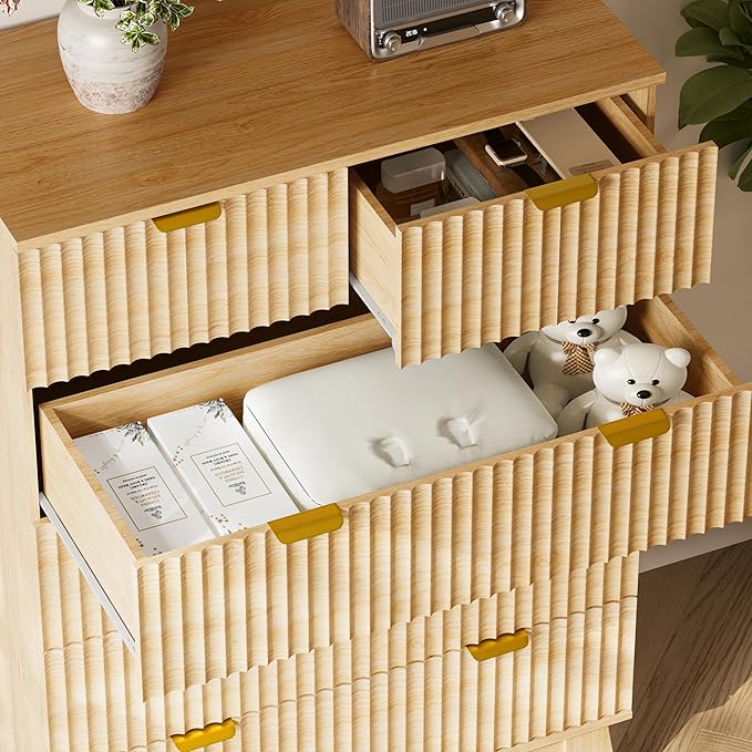 46" Tall Dresser for Bedroom, 6-Drawer Fluted Chest of Drawers, Modern Wood Highboy with Deep Storage, Metal Slides and Handles, Anti-Tip Kit, Vertical Clothes Organizer for Apartment, Nursery