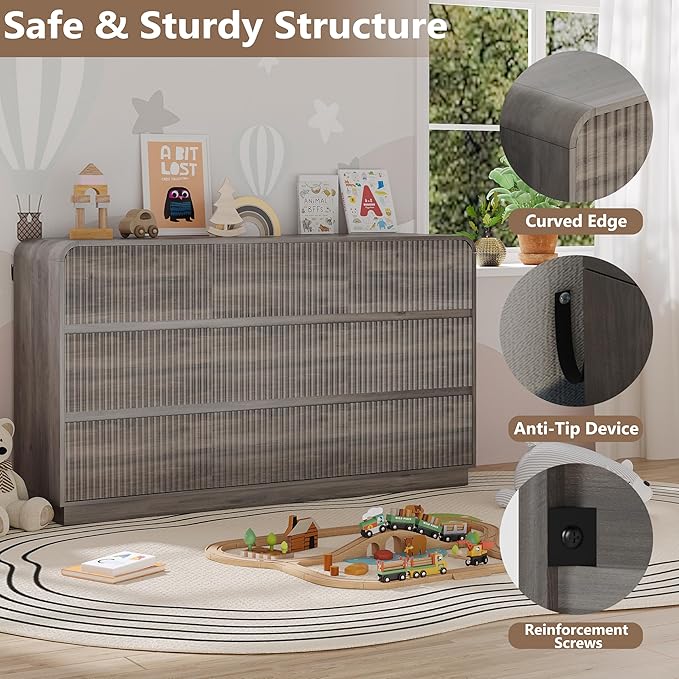 Dresser for Bedroom with 9 Drawers, Fluted Chest of Drawers with Round Curved Corner, Hidden Handles, Modern Wood Storage Organizer for Bedroom, Nursery, Living Room