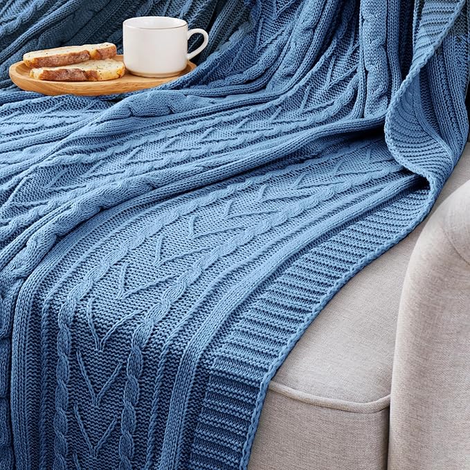 Aormenzy Dusty Blue Cable Knit Throw Blankets for Couch Bed Sofa, Acrylic Knitted Blanket, Soft Cozy Throw Blanket, 50" x 60"