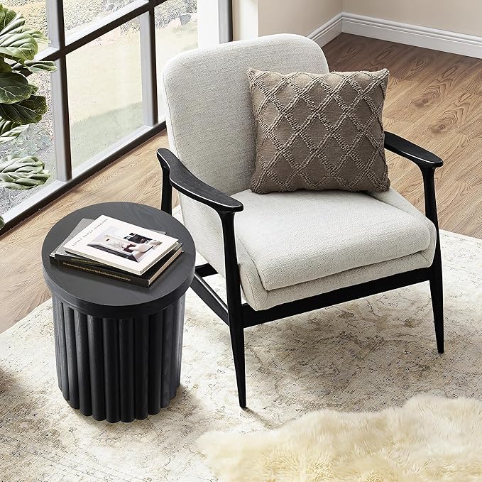 LuxenHome Wood Round Side Table, 19" Fluted End Table for Small Spaces, Mid Century Modern Black Wooden Accent Tables, Small Bedside Table, Couch Side Table, Nightstand for Living Room Bedroom Couch