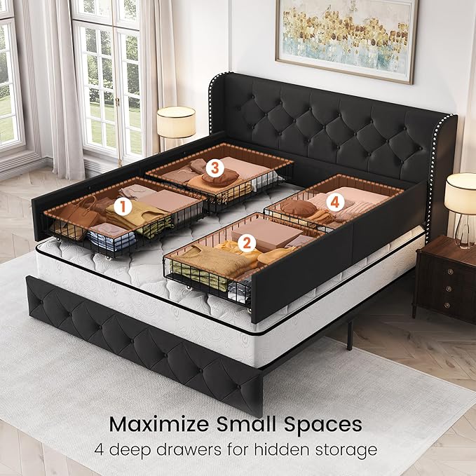 LARMACE Queen Size Bed Frame with 4 Storage Drawers and Wingback Headboard Upholstered Platform Beds Velvet Tufted Bed Frame with Wooden Slats Support, Easy Assembly, Black