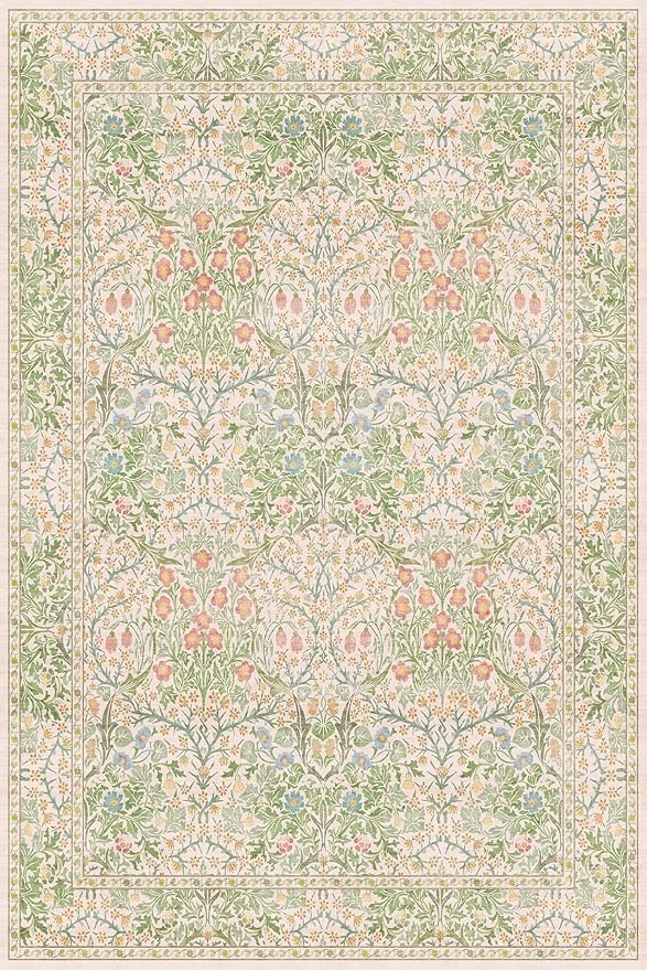 Light Beige Green Area Rugs for Dining Room, 6x9 Washable Area Rug for Bedroom, Living Room, Nursery Room, Kids Play Room, Low Pile Non-Slip - Vintage Design & Stain Resistance