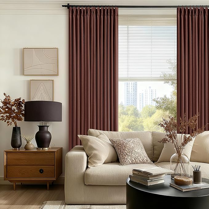 Reddish Brown Linen Blackout Pleated Curtains 90 Inches Long for Living Room Darkening Pinch Pleat 100% Black Out Drapes Thermal Insulated Soundproof Rust Brown 90 Inch Curtain for Dining Bedroom