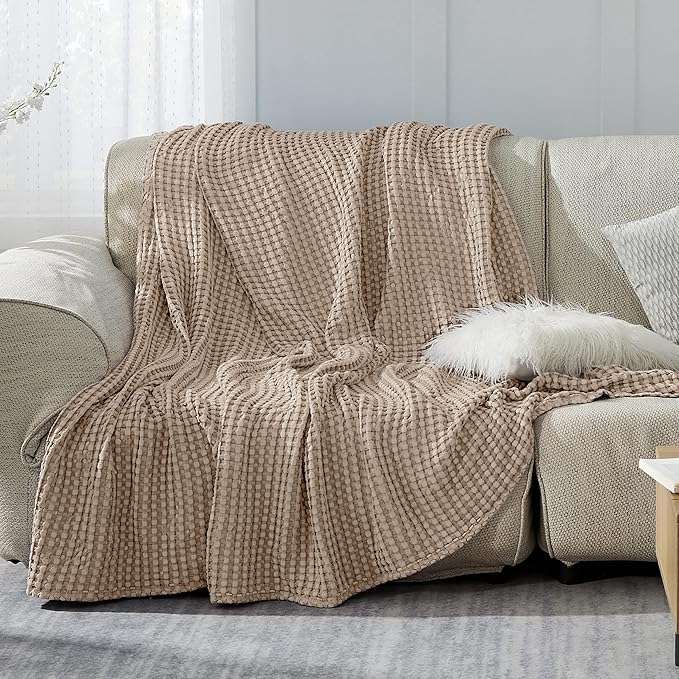 Bedsure Cooling Cotton Waffle Queen Size Blanket -Lightweight Breathable Fall Blanket of Rayon Derived from Bamboo for Hot Sleepers, Luxury Throws for Bed, Couch and Sofa, Taupe, 90x90 Inches
