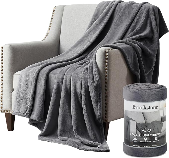 Brookstone Nap Plush Throw Blanket for Couch | Warm & Super Soft Blanket with Unmatched Heavy, Dense, and Ultra-Comfy Throw | Luxurious Drape, Cozying Up on a Sofa, Chair | Silver