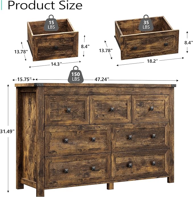 Dresser for Bedroom with 7 Drawers, Farmhouse Wood Chest of Drawers, Wide TV Stand Closet Storage Furniture with Metal Handle, Modern Clothes Organizer for Hallway, Living Room, Entryway, Brown