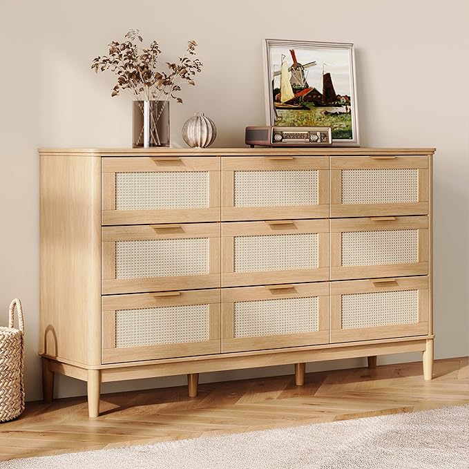 LINSY HOME Rattan Dresser for Bedroom with 9 Drawers, 58" Wide Chest of Drawers, Mid Century Modern Dresser TV Stand with Metal Handle, Wood Closet Storage Cabinet for Living Room, Hallway, Oak