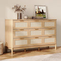 LINSY HOME Rattan Dresser for Bedroom with 9 Drawers, 58" Wide Chest of Drawers, Mid Century Modern Dresser TV Stand with Metal Handle, Wood Closet Storage Cabinet for Living Room, Hallway, Oak