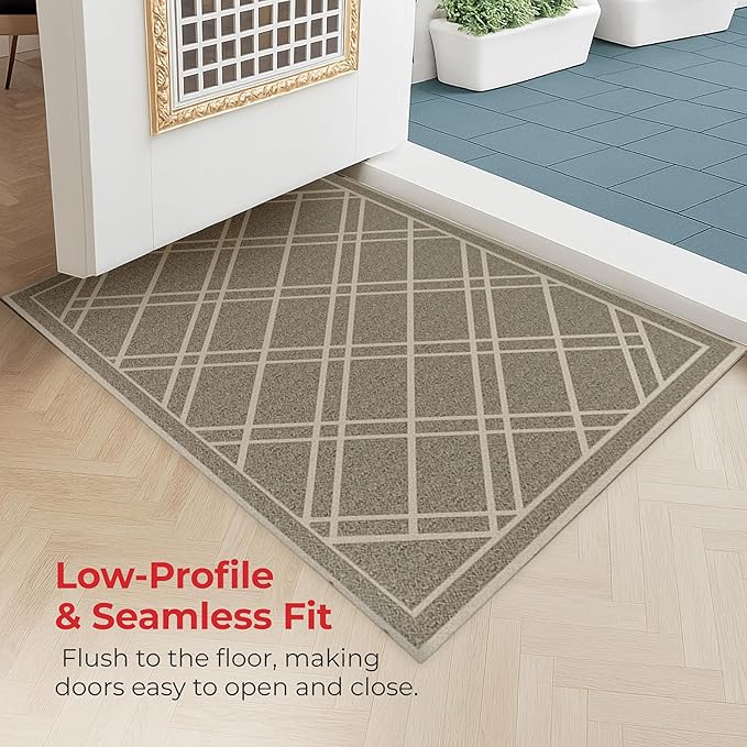 SlipToGrip Universal Door Mat, Plaid Design - Taupe, 35 x 23 - Anti Slip, Durable & Washable, Outdoor & Indoor Floor Welcome Mat Door Mat Entry Rug for Garage, Patio, Front Door, Dust Absorbent