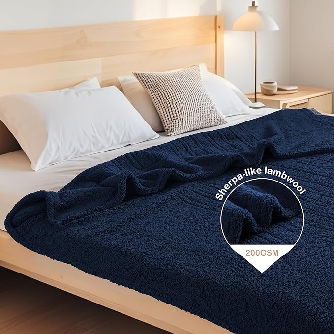 Electric Heated Blanket 6 Heating Settings & 3 H Auto Off Throw Size 50×60 Double Sided Plush Sherpa Ultra-Soft Warm Thick, Machine Washable, Fast Heating, Home Office Dark Blue