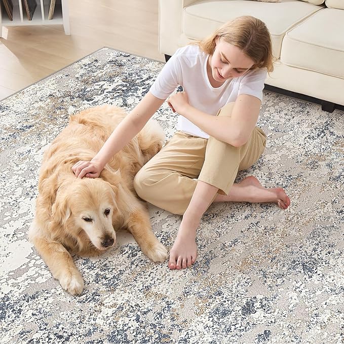 Square Area Rug Living Room Rugs - 8x8 Washable Large Soft Indoor Neutral Modern Abstract Low Pile Rug Carpet for Bedroom Dining Room Farmhouse Home Office - Beige Blue