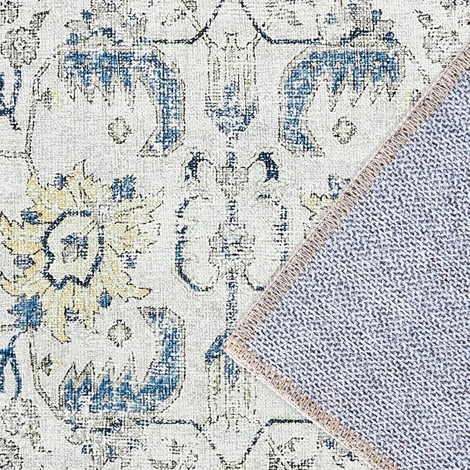 jinchan Kalen Area Rug 6x9 Washable Living Room Rug Vintage Indoor Large Floor Cover Retro Accent Mat Distressed Floral Country Boho Non Slip Thin Carpet for Bedroom Dining Room Office Blue Multi