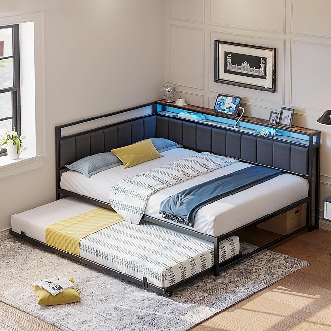 LIKIMIO Corner Full Bed Frame with Trundle, Upholstered Storage Headboard & LED Lights, Full Size Daybed with Charging Station, Sturdy Platform Metal Frame for Living Room, Bedroom, Guest Room, Gray