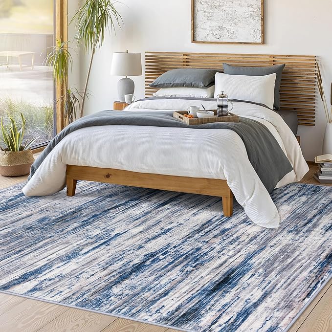 6x9 Modern Abstract Area Rug for Bedroom, Navy Blue Gray Neutral Multi Large Super Soft Washable Rug with Non-Slip, Non-Shedding Rugs for Living Room, Indoor Door Mat for Office Home Décor