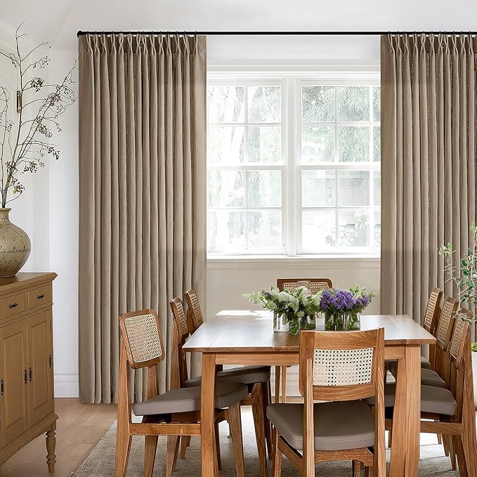 Pleated Linen Curtains 96 Inches Long for Living Room 2 Panel Set Semi Sheer Light Filtering Pinch Pleat with Rings Hooks Drapes Boho Farmhouse Rustic Light Brown Tan Latte Curtain Bedroom Window