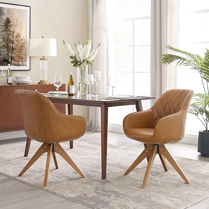 Zouron Mid Century Modern Accent Chair with Wooden Legs, Upholstered Swivel Chair No Wheels, Side Accent Armchair Vanity Chair for Small Space Home Office Living Room Bedroom, Claybank
