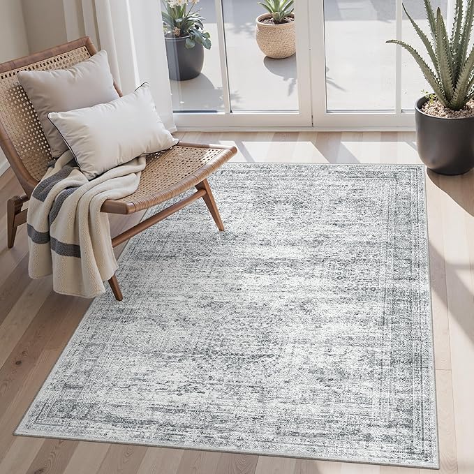 3x5 Rug, Small Area for Kitchen, Entryway, Machine Washable Non-Slip Throw Rug, Vintage Carpet for Nursery Coffee Table Grey
