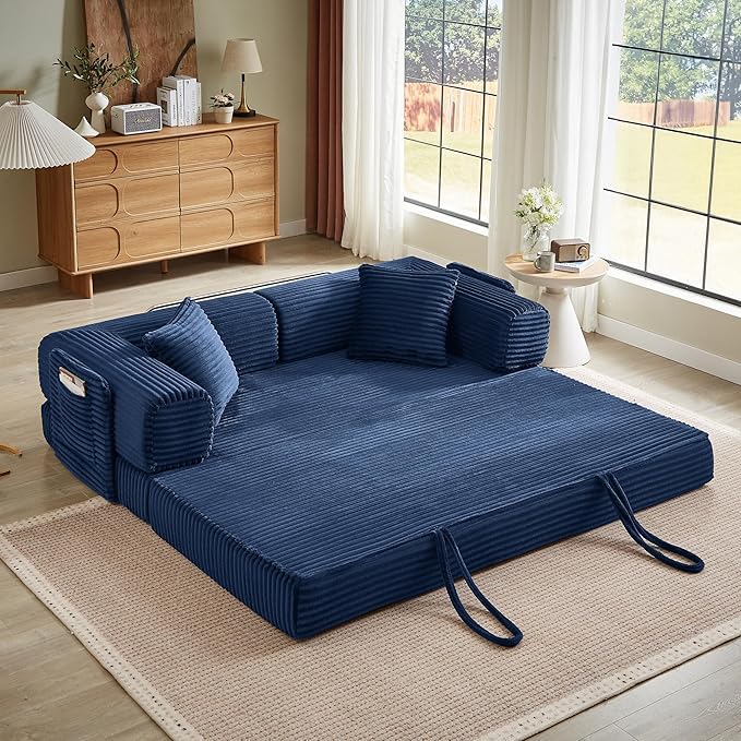 Boneless Couch Folding Couches for Living Room Sofa, Futon Sofa Bed with Sleeper Sofa, Futon Couch with Fixed-Shape Oversized Corduroy Upholstered (Blue, 81 Inches)