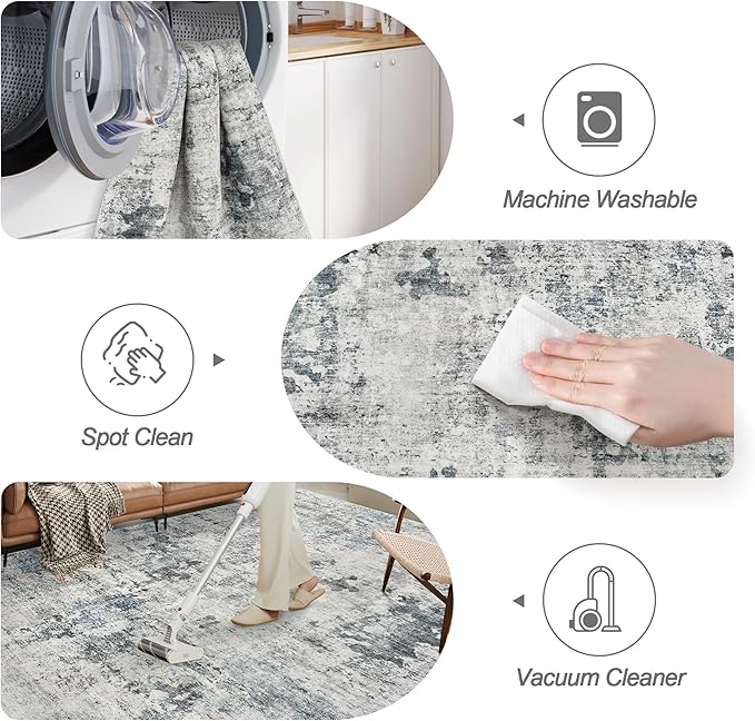 Abstract Rug 8x10 Large Living Room Rugs Neutral Modern Washable Area Rugs for Bedroom Dining Room Non-Slip Stain Resistant Foldable Thin Rug Gray Blue