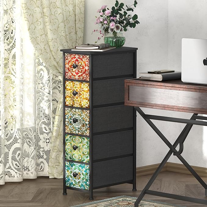 GiftGo Retro Skinny Dresser with Fabric Drawers Thin Slim Boho Mandala Flower Chest of Drawers Narrow Storage Tower for Small Spaces Gaps Bedroom Beautiful Nightstand Living Room Table