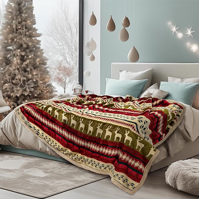 Pavilia Christmas Sherpa Blanket Throw Queen Bed - Red Flannel Fleece Christmas Decoration - Plush, Warm, Soft, Cozy Reversible Winter Holiday Blanket 90x90