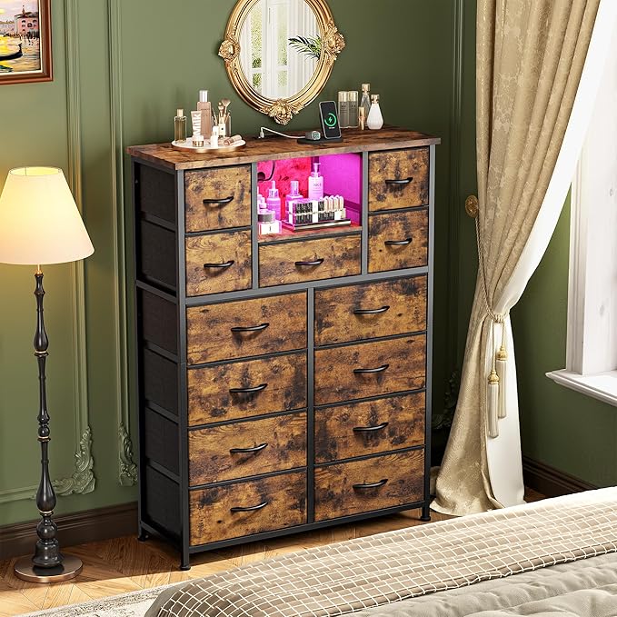 Dresser for Bedroom with 13 Fabric Drawers, Dressers with LED & 4 Charging Ports, 47''H Chest of Drawers with Open Storage Shelves for Hallway, Entryway, Rustic Brown