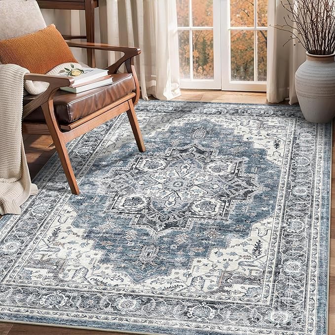 4x6 Area Rug for Bedroom Machine Washable Low Pile Vintage Distressed Rugs Stain Resistant Faux Wool Rug Ultra Soft Non-Slip Area Rugs for Living Room, Playroom, Kitchen,Home Office