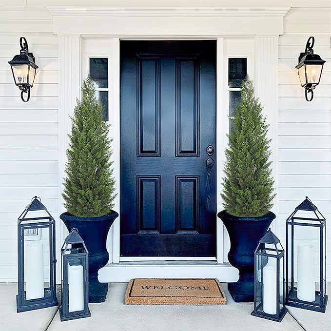 Briful 4ft Cedar Topiary Trees Artificial Outdoor Set of 2, Realistic Faux Cedar Pines with Pots, UV Resistant Christmas Greenery for Holiday Decor, Indoor Farmhouse Entryway Patio Door Plants