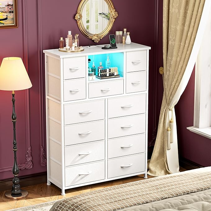 Dresser for Bedroom with 13 Fabric Drawers, White Dresser with LED and 4 Charging Ports and Open Shelves, 47''H Chest of Drawers for Entryway, Hallway