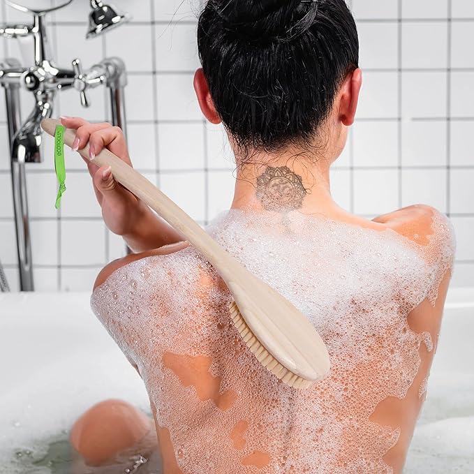 EcoTools Bristle Bath Brush, Shower Body Brush with Gentle, Stiff Bristles, Long Bamboo Handle, Gently Exfoliating for Back & Body, Stimulates Blood Circulation, Eco-Friendly, 1 Count (Pack of 2)