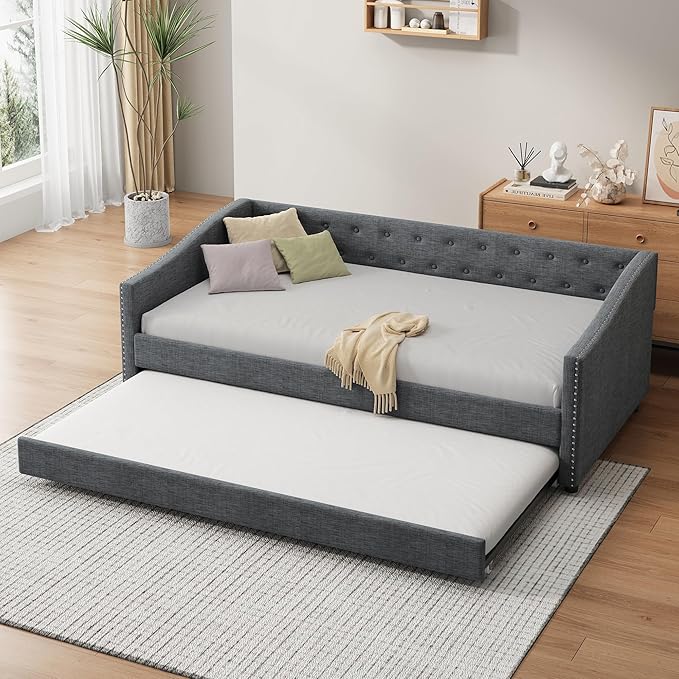 Favfurish Twin Size Daybed with Trundle Upholstered Day Bed Frame with Button Tufted Backrest and Nailhead Decorated Armrest for Living Room Bedroom,No Box Spring Needed,Dark Grey