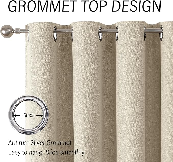 ChrisDowa 100% Blackout Natural Solid Solid Curtains 72 Inches Long 2 Panels for Bedroom Living Room,Farmhouse Room Darkening Thermal Insulated Soundproof Grommet Top Window Treatment Drapes,52x72