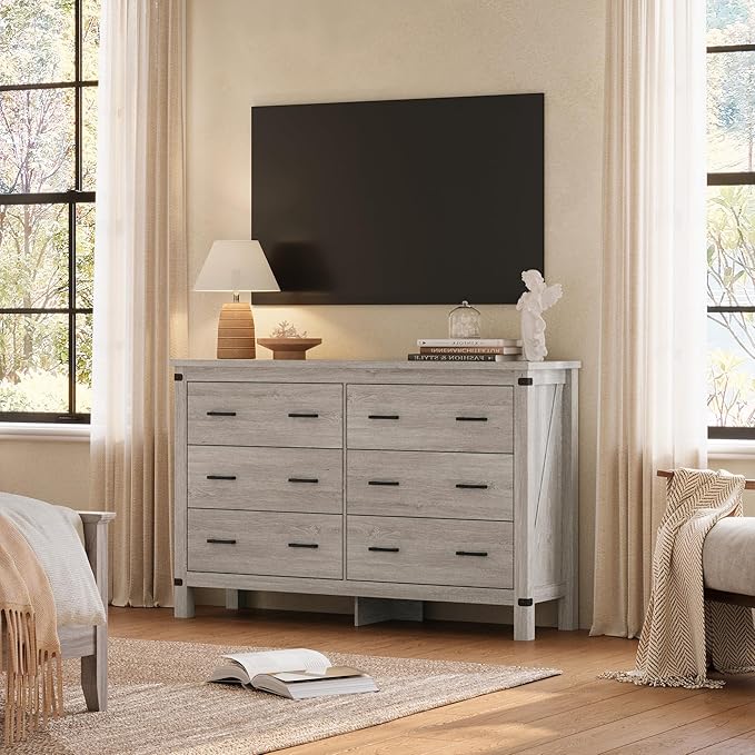 LINSY HOME Farmhouse 6 Drawer Double Dresser for Bedroom, 53” Wide Rustic Wood Chest with Deep Drawers, Modern Dressers with Storage and Metal Handles for Closet, Living Room, Hallway, Wash Grey