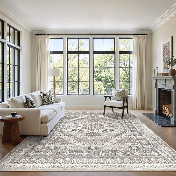 zesthome 5x7 Area Rugs - Ultra-Thin Washble Rug, Stain Resistant Anti Slip Backing Rugs for Living Room,Bedroom, Vintage Home Decor Area Rug (Brown/Beige,5'x7')