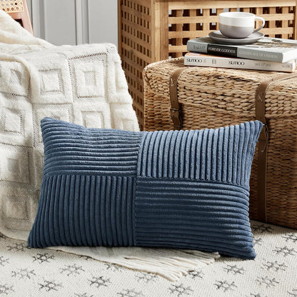 Fancy Homi 2 Packs Dusty Blue Lumbar Decorative Throw Pillow Covers 16x32 Inch for Couch Bed Sofa, Rustic Farmhouse Boho Home Decor, Soft Striped Corduroy Rectangle Accent Cushion Case 40x80 cm