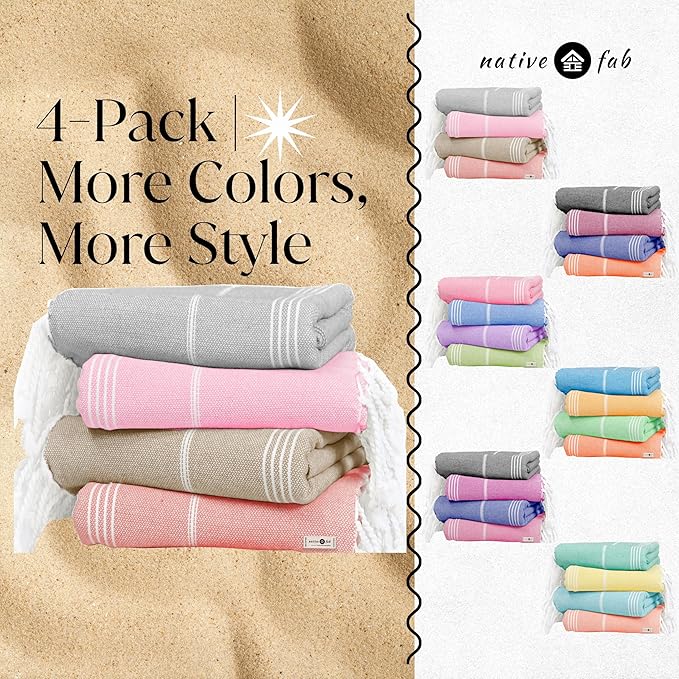 Native Fab Large Turkish Towels Set of 4, Lightweight, Quick Dry, Durable, Absorbent, 100% Cotton, Perfect for Beach, Travel, Pool, Spa, Bath - Ash Grey, Beige, Light Orange, Pink