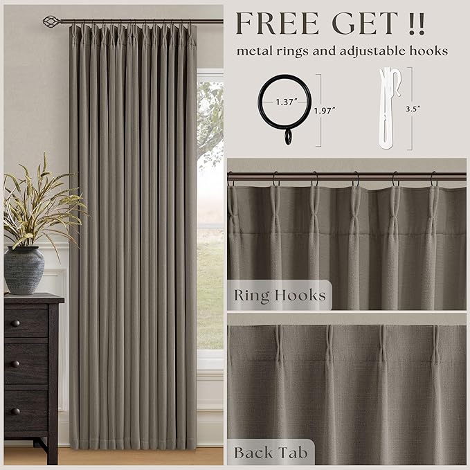 Taupe Grey 120 Inch Blackout Pinch Pleated Curtains 2 Panel Set for Living Room Darkening Thick Linen Textured 100% Black Out Drapes 120 Inches Long Pinch Pleat Light Blocking Bedroom Grayish Brown
