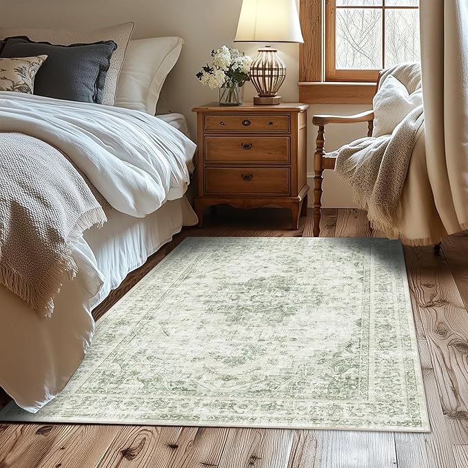 3x5 Vintage Washable Area Rugs Boho Medallion Large Distressed Retro Accent Carpet Floral Non-Slip Soft Low Pile Indoor Throw Rug for Living Room Bedroom Dining Room Office Kitchen, Green