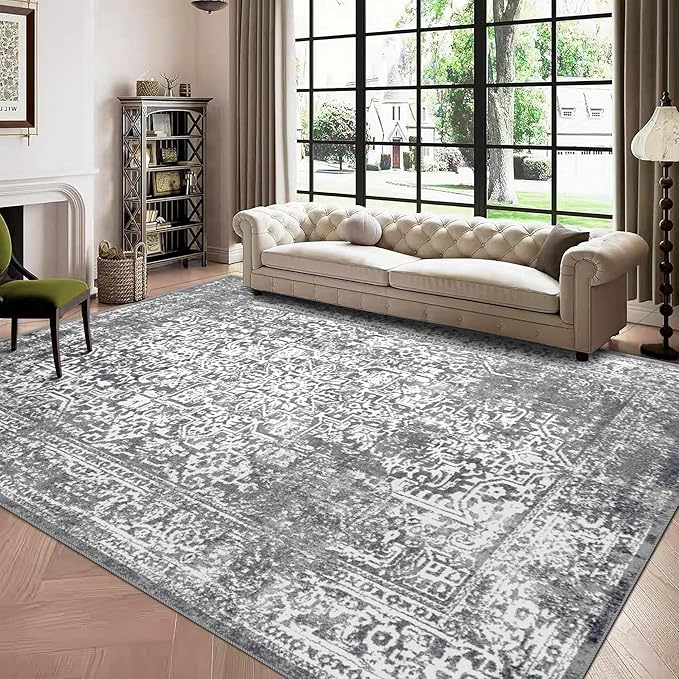 vivorug 6x9 Area Rugs, Stain Resistant Washable Rug for Living Room, Vintage-Inspired Grey Rug