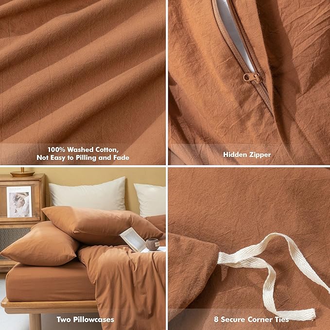 FOSSA Duvet Cover Set 100% Washed Cotton Linen Feel Super Soft Breathable Cozy 3 Pieces Bedding Sets Solid Dark Orange Oversized Queen