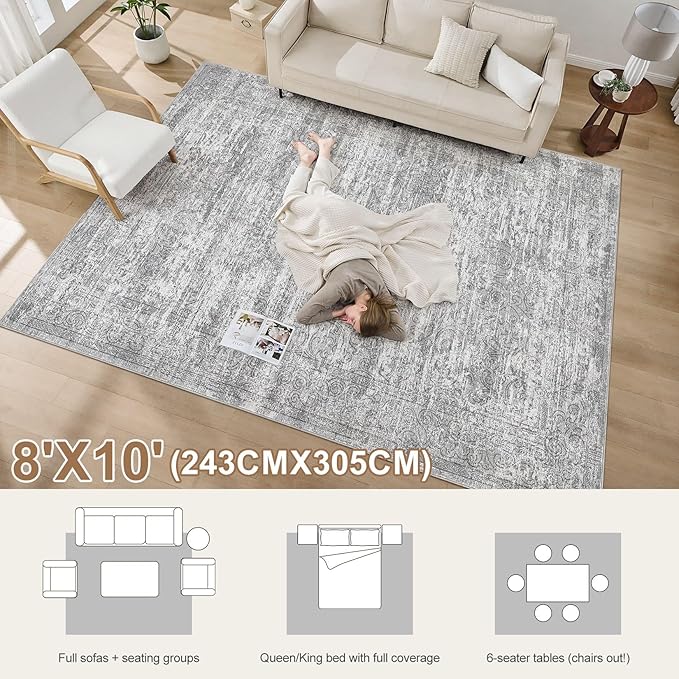 Area Rug Living Room Rugs - 8x10 Abstract Large Soft Indoor Washable Rug Neutral Modern Low Pile Carpet for Bedroom Dining Room Farmhouse Home Office - Vintage Grey