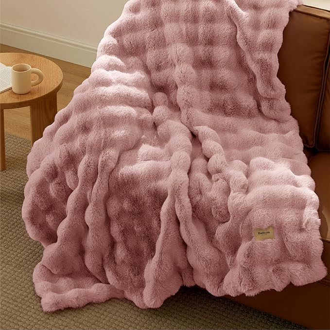 Bedsure GentleSoft Fluffy Faux Fur Throw Blanket for Couch, Soft Fuzzy Bubble Blanket Home Decor Gifts for Bedroom Living Room, Thick Warm Furry Cozy Gifts for Women, Dusty Rose, 50x60 Inch