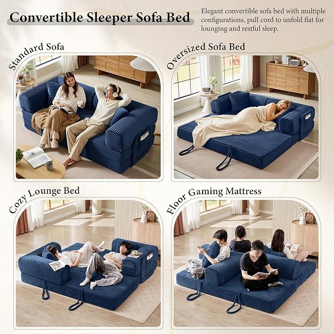 Boneless Couch Folding Couches for Living Room Sofa, Futon Sofa Bed with Sleeper Sofa, Futon Couch with Fixed-Shape Oversized Corduroy Upholstered (Blue, 81 Inches)