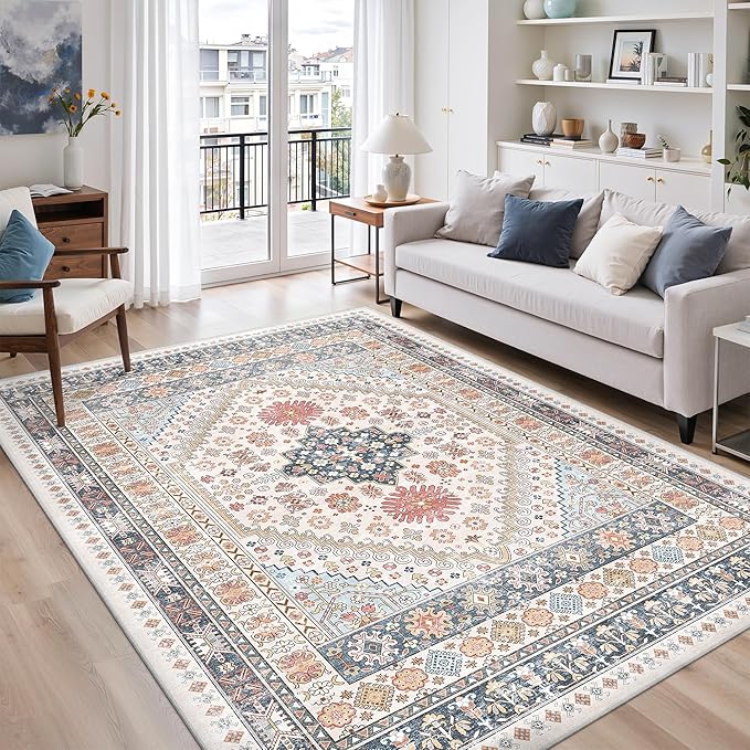zesthome 7x9 Area Rugs for Living Room,Non-Slip Backing Washable Rugs,Vintage Large Area Rug，Stain Resistant Home Decor Rug (Multi,7'x9')