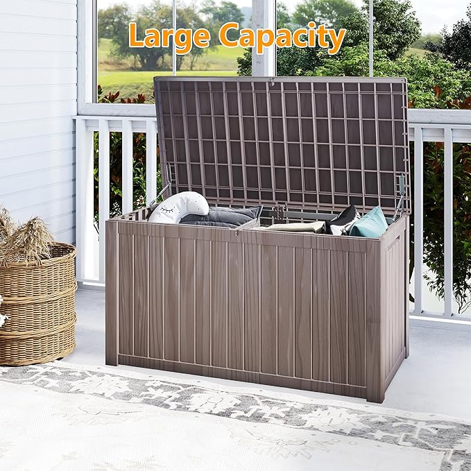200 Gallon Outdoor Storage Box Waterproof, Resin Deck Boxes with Lockable Lid & UV-Resistant for Patio, Pool, Garden Furniture Cushions & Accessories, Coffee