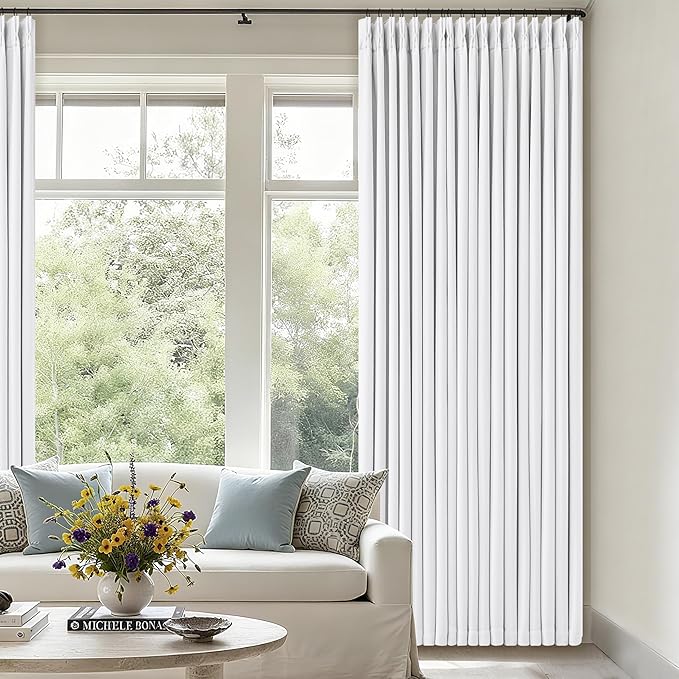 Pinch Pleated Blackout Curtains 102 Inches Long for Bedroom 100% Black Out Thick Linen Dual Layer Pinch Pleat Drapes with Back Tab Farmhouse Country Snow White 102 Inch Curtain for Dining Living Room